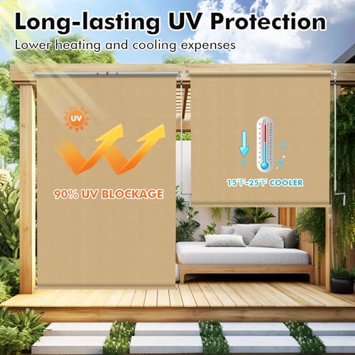 Image of Artpuch Patio Shades Roll Up Outdoor Roller Shade with Spliced Design, 70 inch W x 96 inch H Cordless Outside Blinds Cloth for Porch Pergola Gazebo, Sesame