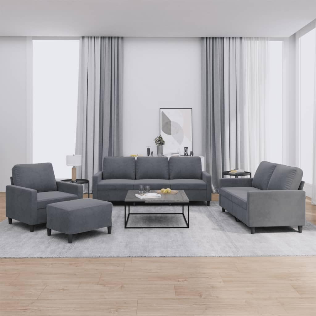 Terciopelo de 4 piezas para salón en gris oscuro, 198 x 77 x 80 cm, marco de madera contrachapada de metal resistente, ahorra espacio, pequeño sofá con taburete para salón, habitación juvenil