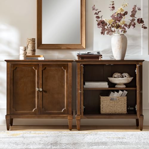 Image of Accent Storage Cabinet with Adjustable Shelf, 2-Doors Transitional Sideboard Buffet with Solid Wood Legs & Vintage Metal Knobs for Living Room or Kitchen, Hallway, Walnut