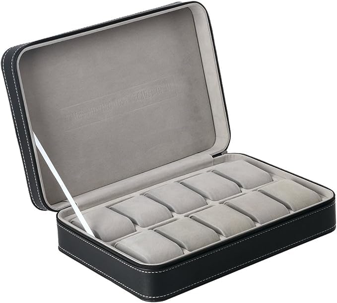 Styleys 10 Grids Faux Leather Watch Box Travel Watch Storage Case Zipper Watch Organizer – Black (W133)