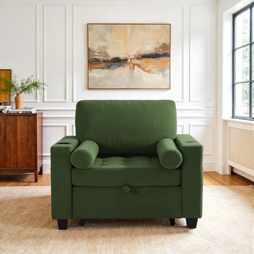 Image of 3-in-1 Sleeper Sofa Chairs Set of 2, Pull Out Sofa Bed Convertible Reclining Seat Upholstered Armchair, Adjustable Backrest Recliner Chair - Green