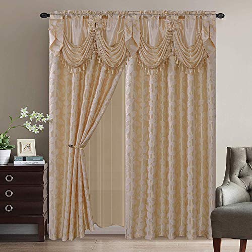 Luxury Home Collection Jacquard Leaves Window 2 Panel Curtain Set with Attached Valances and Backing with 2 Tassel Tie Backs -Window Curtains for Bedroom, Living Room, or Dining (Beige, 55