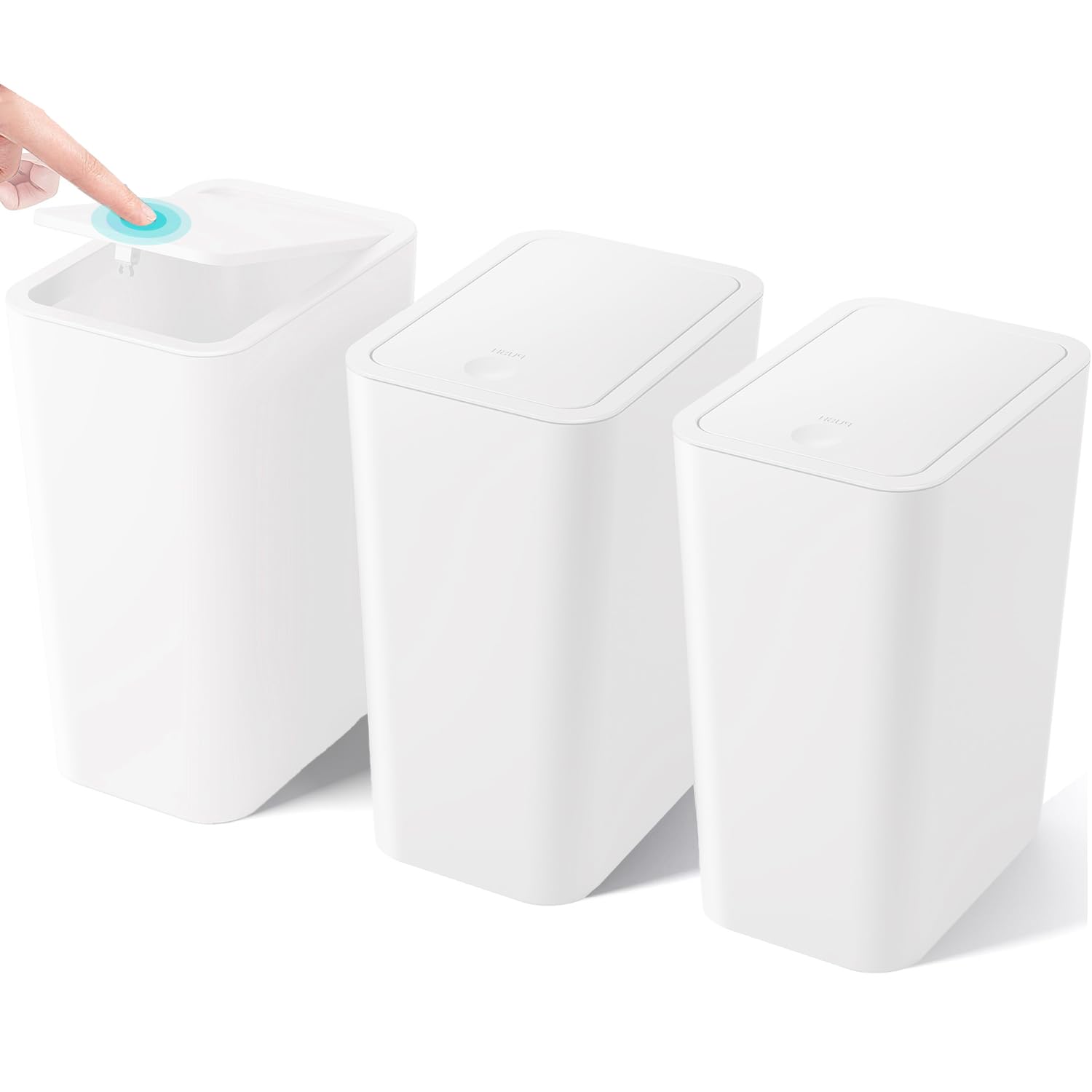 3 Pack Slim Bathroom Bin with Lid, 10L Bedroom Bin with Pop-Up Push-Button Lid Small Thin Plastic Bins, Narrow Trash Can Anti-Odour Pet Proof Waste Basket for Toilet,Kitchen,Living Room,Office
