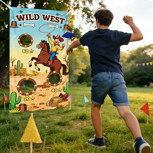Western Party Cowboy Birthday Party Supplies Bean Bag Toss Game for Adults, Washable Heavy Duty Outdoor Indoor Throwing Theme Party Game Banner with 3 Bean Bags and 19.6ft String