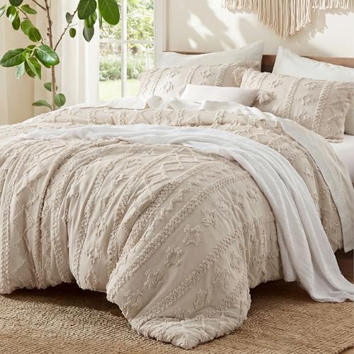 Bedsure Tufted Boho Comforter Set King Size - Beige Boho Bed Set, GentleSoft&trade; 3 Pieces...