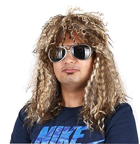 ALabs 80s Rocker Wig | Halloween Rockstar Costume Wig, Long Curly Punk Rock Heavy Metal Mullet Slash wig for Men and Women. Rockstar Party Wig (Brown)