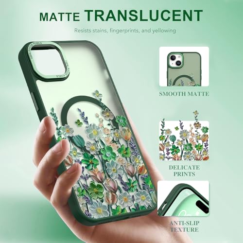 Image of Magnetic for iPhone 15 Plus Case with for Women, Green Floral | Pretty Oil Painting Flower Pattern Design [Compatible with MagSafe] Shockproof Slim Translucent Matte Non-Slip Cover