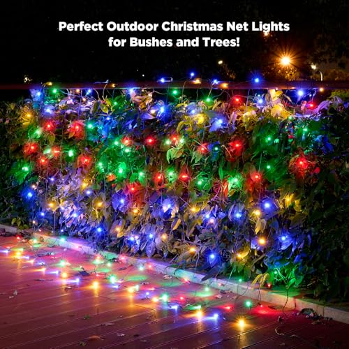 Image of Led Net Lights Christmas Lights Outdoor 200Leds 9ftx6ft Upgraded Multicolor Christmas Net Lighting, Waterproof 5mm LED Wide Angle Outdoor Indoor Mesh Net Light for Trees, Bushes, Shrubs Decorations