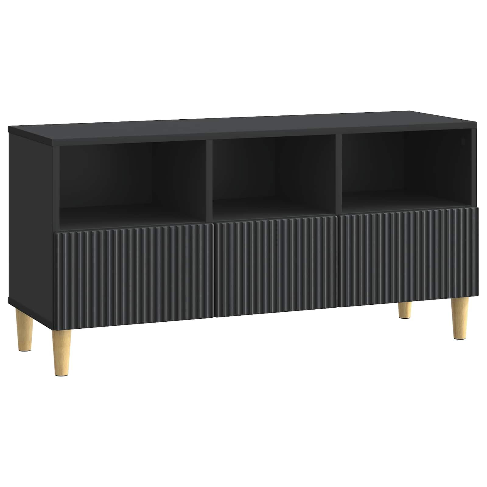 Meuble TV noir 3 tiroirs : meuble bas en bois avec pieds marrons