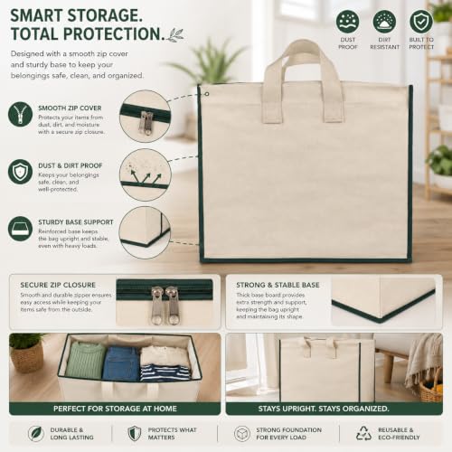 Image of SHIBUI Canvas Reinforced Cotton Handles with Multipurpose Clothes Storage Organizer & Grocery vegetable shopping and Covers Zip Bags. (Green, 4 Piece)