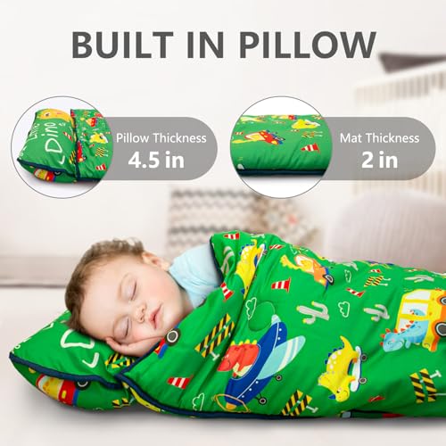 Image of Primlect Thickened Toddler Nap Mat with Removable Pillow and Minky Blanket, Extra Large 55''x35'' Sleeping Bag, Washable, Roll up, Perfect for Daycare, Preschool, Kindergarten, Boys and Girls Dinoaur