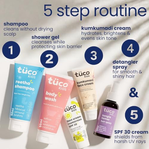 Image of Tuco Kids Ultimate Travel Kit | 5 in 1 Combo | Gift Set | Shampoo, Body Wash, Kumkumadi Face Cream, Tangle Tamer & Sunscreen SPF30