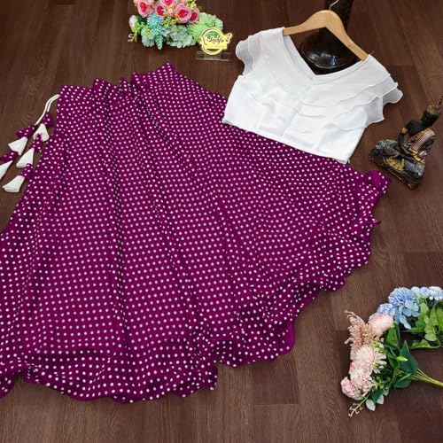 Image of Classic Flared Long Floor Length Georgette Skirt for Women /Girls and Lycra Crop-Top Set || Polka Dot Skirt || Elegent Design || Drawstring Band