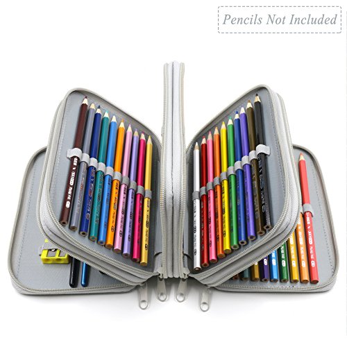 Image of YOUSHARES Oxford Fabric Handy Multi-layer Zipper Pencil Case with 72 Holders and Strap, Gray