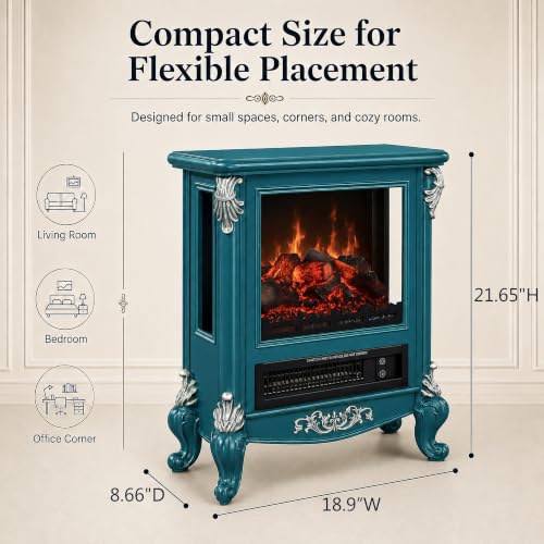 Image of FESTIVITY 18 inch Electric Stove Fireplace, 1500W Thermostat with 5100 BTU Heat Output, Adjustable Flame & Brightness Levels, Portable Electric Fireplace for Bedroom & Living Room-Teal & Silver