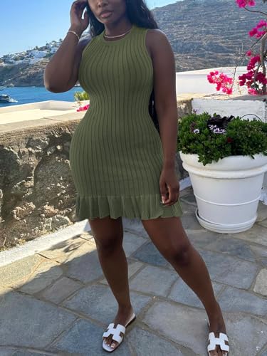 Image of Nimsruc Women Summer Tank Dresses Sleeveless Crew Neck Casual Bodycon Mini Dress with Ruffle Hem