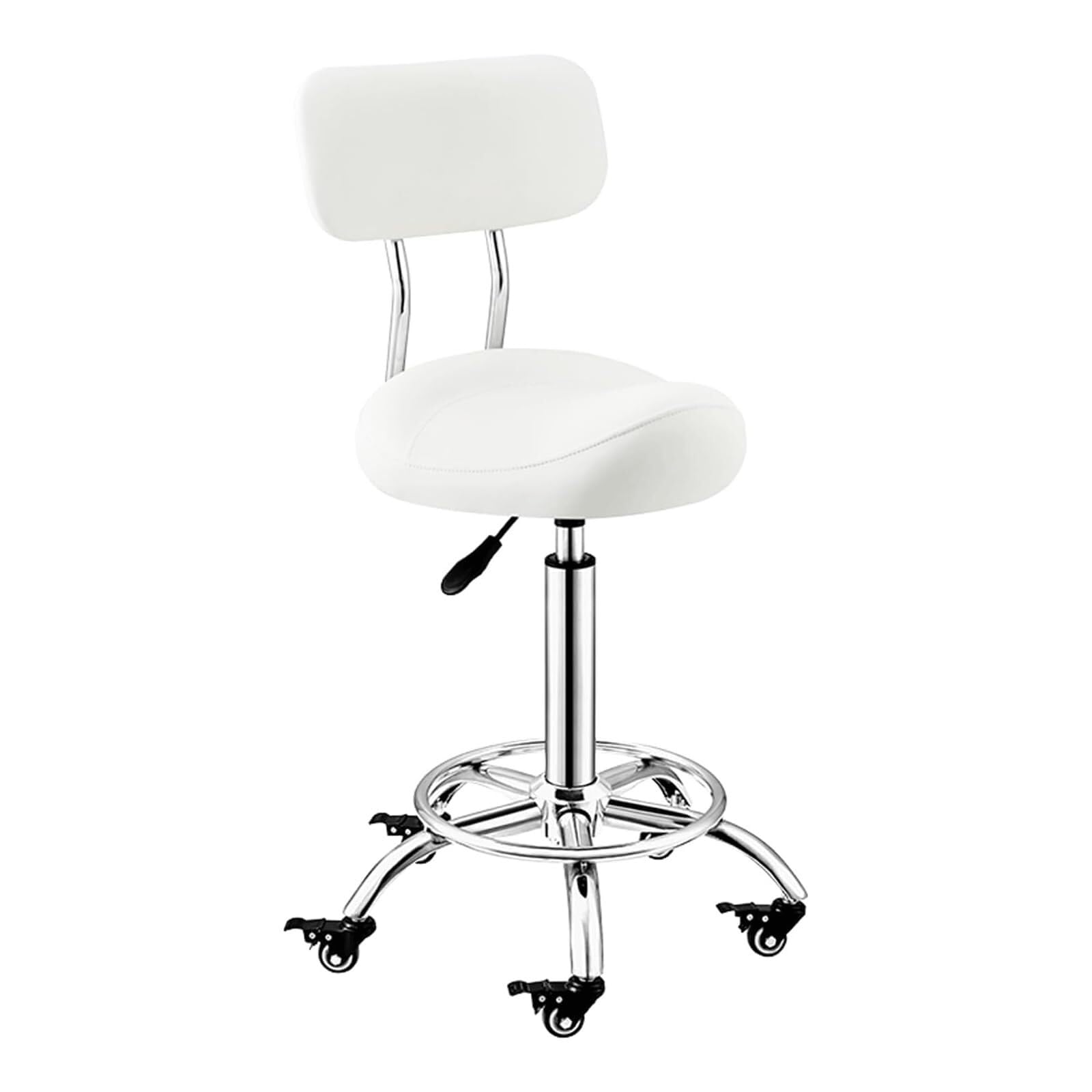 METTEOR Saddle Stool 50-70cm Adjustable Height Swivel Saddle Chair with Locking Wheel,footrest and Backrest Rolling Stool Salon Stool (White)