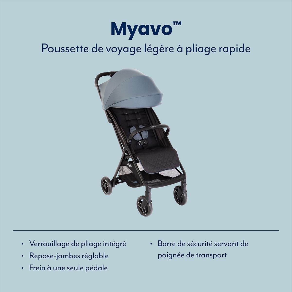 Graco Myavo Poussette de voyage légère avec pliage rapide, de la naissance à environ 4 ans (0-22 kg), se plie rapidement, tient debout une fois pliée, habillage pluie inclus, bleu, Stormy