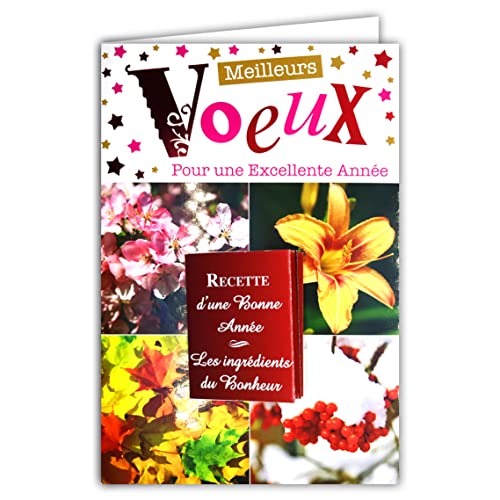 Afie Best wishes Card for a great year Embossed Collage, mini folleto recetas ingredientes de felicidad deseos 4 estaciones nieve invierno flores primavera verano hojas otoño rojo 61-4088-A BA