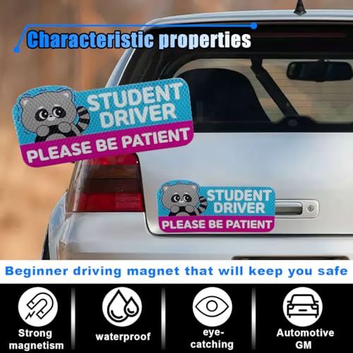 Image of Student Driver Car Magnet, Please Be Patient Reflective Magnetic Sticker, Removable New Driver Magnet Car Bumper Sticker, Cute Cartoon Pattern Safety Warning Sign for New Drivers (Raccoon)