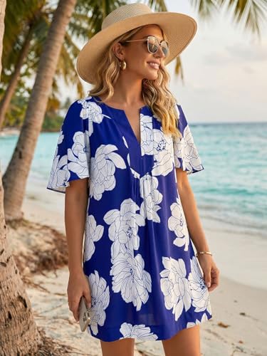 Image of Wenrine Womens Flutter Short Sleeve Mini Dress Casual V Neck Loose Flowy Summer Dresses