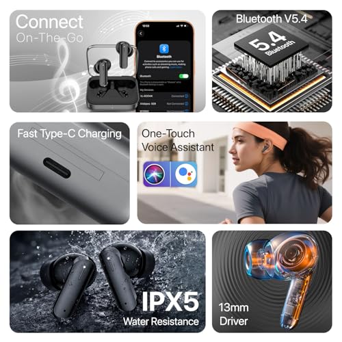 Image of Vaku Luxos BOOMX Wireless Earbuds Bluetooth 5.4 TWS Headphones 60H Playback Bass Stereo 13mm Drivers Gaming Low Latency HD Calls Touch Control Fast Charging IPX Waterproof- Black
