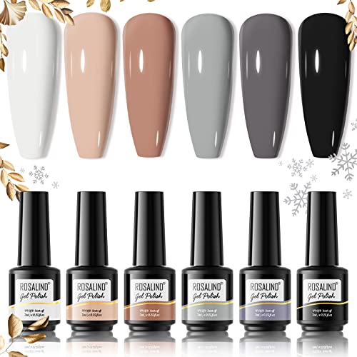Rosalind 6Pcs White Black Gel Nail Polish Set Fall Nude Brown Gel Polish White Black Colors, Neutral Black White Nail Gel Polish Summer Fall Gel Nail Polish White Nude Gray Nail Gel Manicure For Women #TOP27