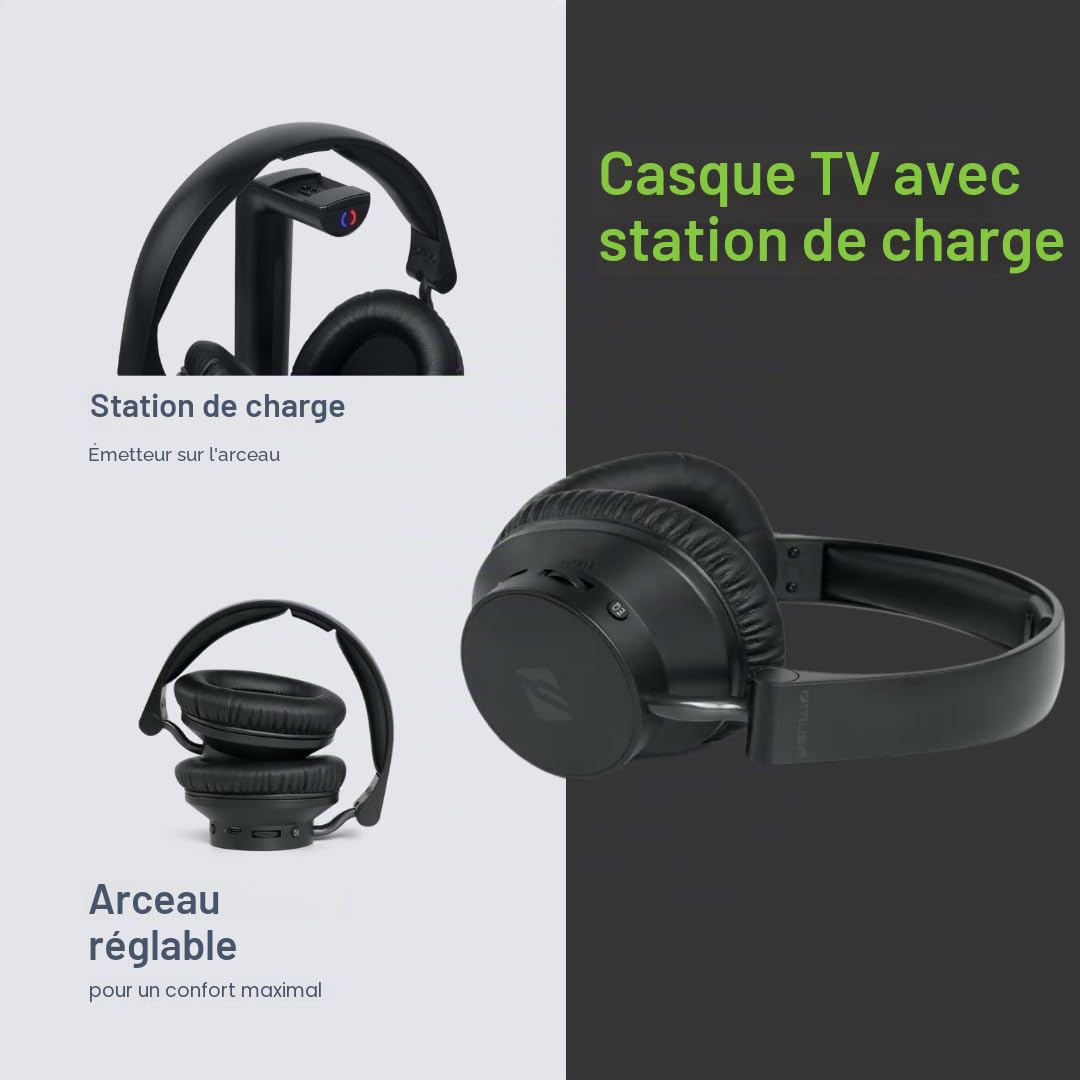 MUSE M-282 CTV Casque TV avec émetteur et Station de Charge | Confort sonore sans Fil avec 20 h d'autonomie, égaliseur & entrée Optique