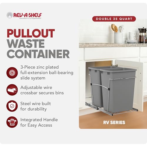 Image of Rev-A-Shelf Double Pullout Garbage Trash Cans for Kitchen Cabinets, 35 Qt