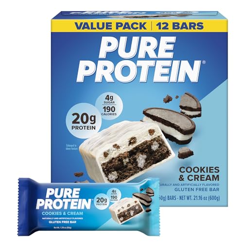 Pure Protein Cookies And Cream Protein Bars 20g Protein 3g Sugar 190 Calories (12 count) Low Sugar* High Protein Snack - Gluten Free - Perfect for a Healthy Snack