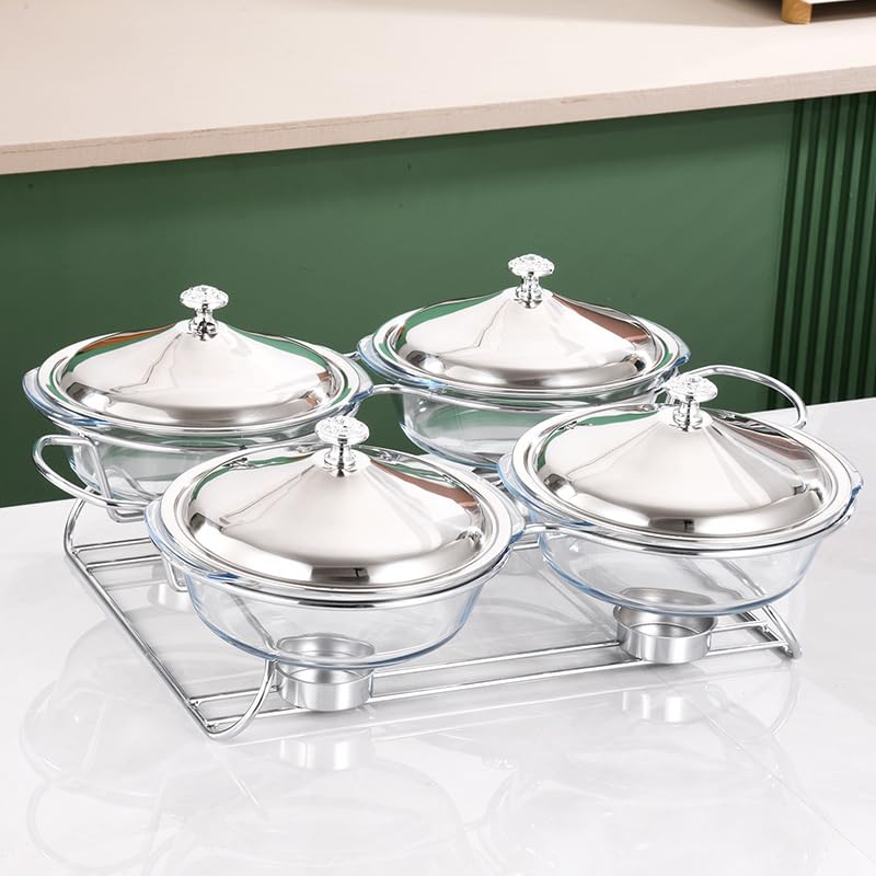 HONHPD Chafing Dish Buffet Set 4 Section 2.0 QT Each | Food Warmers for Parties Buffet, Oven Safe Glass Serving Dish with Stainless Steel Base and Cover