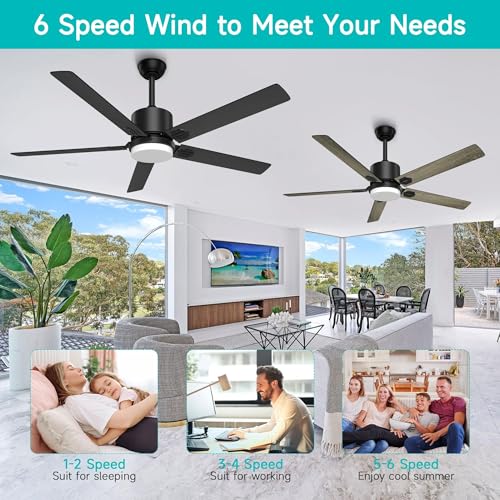 Image of Obabala 60 Inch Ceiling Fan with Light,Ceiling Fans with Remote Indoor Outdoor DC Motor Black Ceiling Fan with Light LED for Patios,Garage,Dining Room, Bedroom, Kitchen, Living Room, Farmhouse