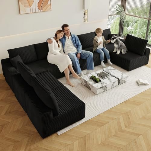 Image of Oversized Modular Sectional Sofa Couch, Large 8 Seater Corner Sofa Modern U Shaped Sectional Couch Cloud Couches for Living Room, Office, Spacious Space, Corduroy, No Assembly Required, Black