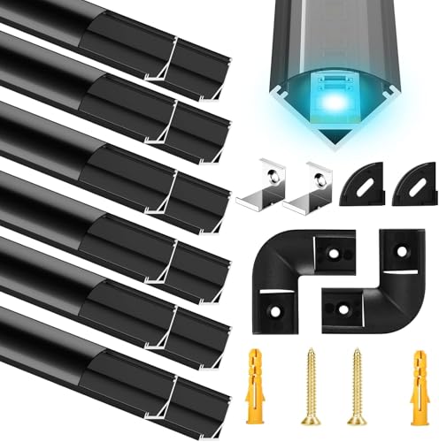 Molfanco LED Aluminium Profil 12 x 1m LED Aluminium Profil mit Schwarzen Abdeckung Endkappen und Montageklammer für LED-Streifen (V-profil-schwarz-12m) LED-Streifen Nicht Im Lieferumfang Enthalten