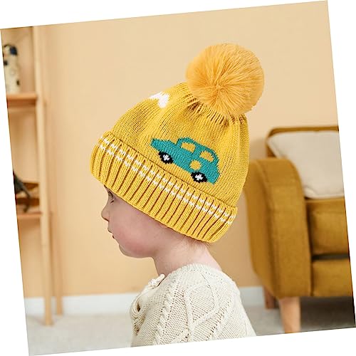 Gatuida Cartoon Car Baby Knit Hat with Plush Ball Winter Warm Hat for Boys and Girls Soft and Cozy Toddler Beanie for Infants and Newborns for Cold Weather Yellow4