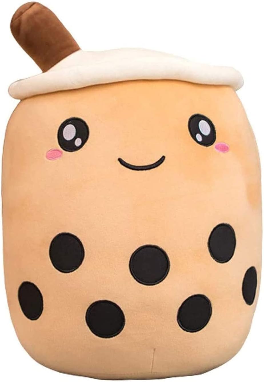 SNEPOO Cute Bubble Tea Big Plushie Pillow, Stuffed Plush Toy, Food Shaped Pillow Fruit Milk Tea Birthday Gift for Kids (Brown Open Eyes, 9.4 inch)