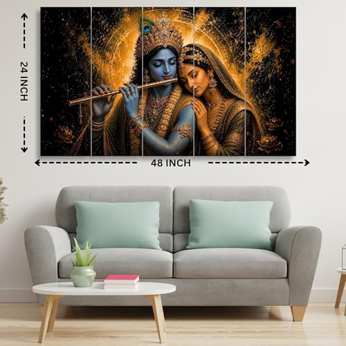 Image of Nozvera Radha Krishna 5 Panel Wall Painting | UV Printed Sparkle Laminated Canvas Art | 48x24 Inch Large Framed Poster for Living Room, Bedroom, Pooja Room | Waterproof Antifade Home Decor