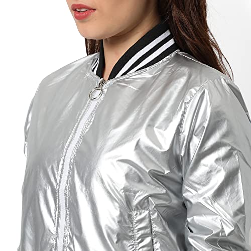 Image of PINACOLADA Women Silver Puffer Regular Fit Bomber Jacket For Winter Wear | Low-Cut Standing Collar | Full Sleeve | Zipper | Casual Jacket For Woman & Girl | Western Stylish Jacket For Women