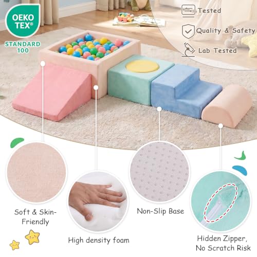 Image of Tiita Baby Climb and Crawl Playset 5-Piece, Kids Foam Climbing Block with Small Ball Pit - Indoor Soft Play Climber for Playtime Fun, Grey Star, Multicolor
