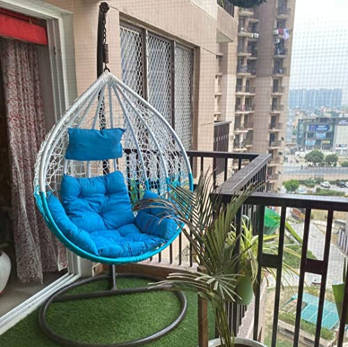 Image of Single Seater Swing Chair with Stand and Cushion Hammock Swing for Adult Outdoor Indoor Garden Living Room Balcony Hanging Chair (Firozi & White)