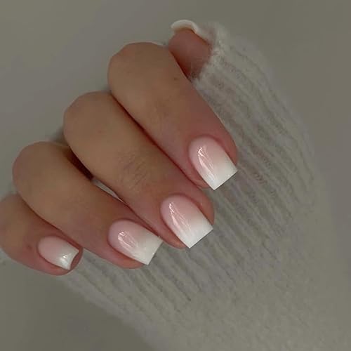 KQueenest - Uñas postizas cuadradas cortas a presión color rosa degradado, uñas adhesivas de color claro brillante, uñas postizas blancas y rosas a