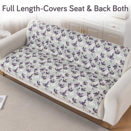 Image of HOKIPO Lavender Vine Quilted Sofa Cover with Tassels 3 Seater for Seat & Back, (152x175 cm), 'Tassel Twigs' Series (IN-991-T1)