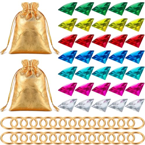 Chalyna 60 Pcs Acrylic Diamond Gem Jewelry Alloy Gold Round Ring Set Halloween Party Favor Pirate Treasure Hunting Cake Decor with Gift Bag for Birthday (Bright Style)