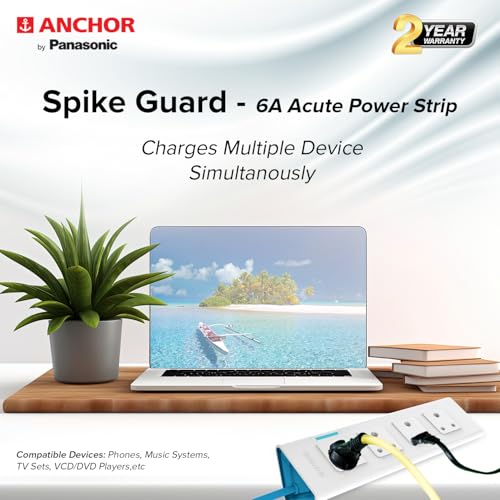Image of anchor by panasonic 22061 6A Power Strip 4 Socket Spike Guard with Single Switch (1.5 m, White and Blue)