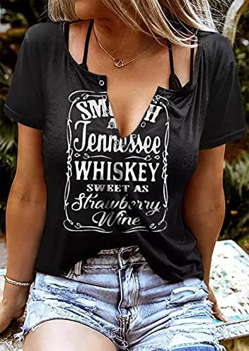Smooth As Tennessee Whiskey Sweet As Strawberry Wine Country Music Tee Shirt For Women Summer Ring Hole V Neck T Shirts (Black, Large) #TOP1