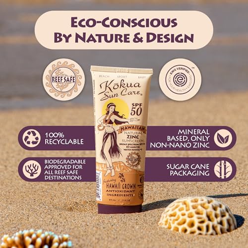 Image of Kokua Sun Care Hawaiian Sunscreen Reef Safe SPF 50 | 3 oz | Zinc Oxide | Mineral Sunscreen | Face & Body | Moisturizing Sun Protection | Water Resistant | Chemical Free | Natural Ingredients