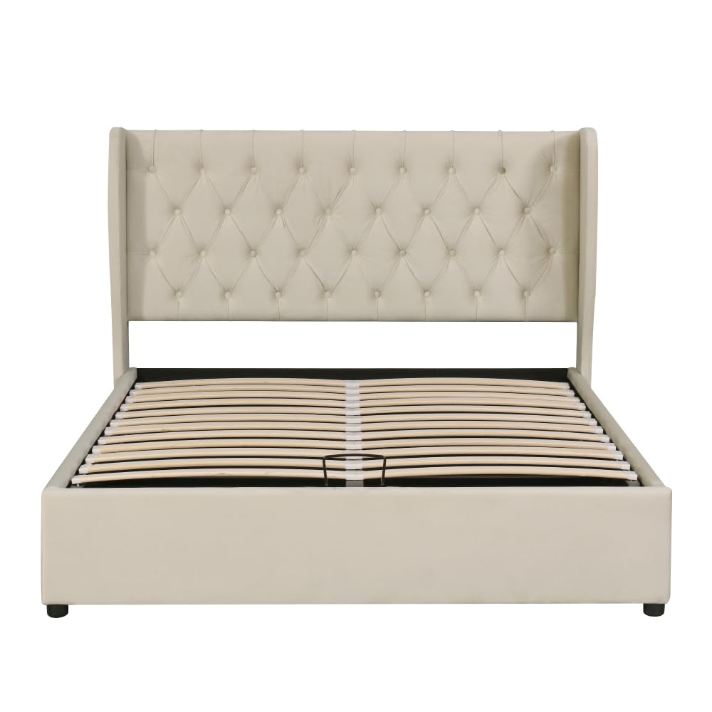 Lubvtti Cama acolchada de terciopelo con forma de oreja, cama de matrimonio con espacio de almacenamiento hidráulico, cama de matrimonio con somier de láminas (beige, 180 x 200)
