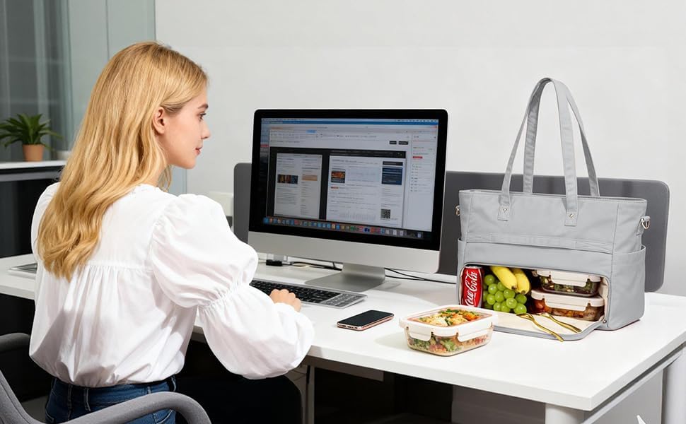 Lunch Tote Bag with Insulated Compartment & 15.6" Laptop Sleeve, Womens Water-Resistant Work Bag for Office with a Purse & Crossbody Strap, Gray - Image 9