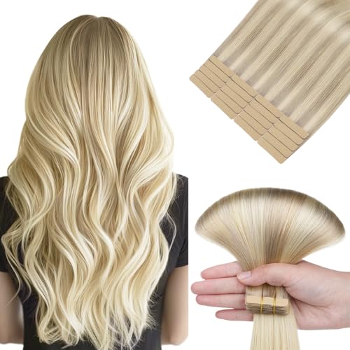 hotbanana Extension adesive per capelli veri, 35 cm (14 pollici), 20 pezzi da 50 g, biondo cenere fino a biondo dorato e biondo platino, capelli veri remy lisci