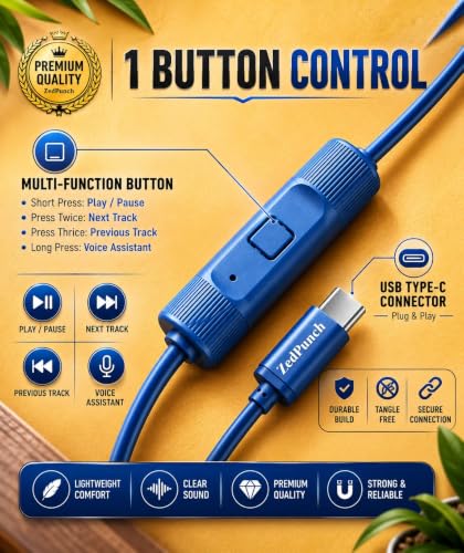 Image of Gaming Type-C Wired Earphone with Mic, 10mm Dynamic Bass Driver, Magnetic in-Ear Headphones, Low Latency Sound for Gaming, 1 Button Control, HD Calling, Voice Assistant, (LITE Blue)